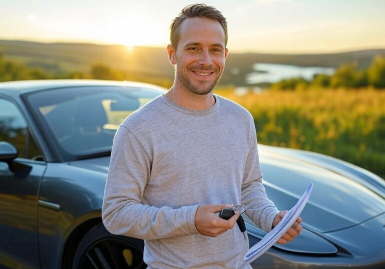 A smiling man leans against his car, holding car keys and insurance papers, with a scenic Central PA landscape in the background