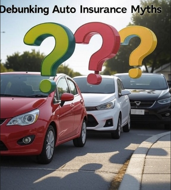 Three cars of different colors—red, white, and black—lined up on a road with oversized colorful question marks floating above each one, under the bold title "Debunking Auto Insurance Myths" at the top.
