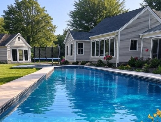 A well-maintained backyard with a clear blue in-ground pool and a trampoline with netted sides, set against a modern gray house with large windows, surrounded by green grass, trees, and colorful flowers.
