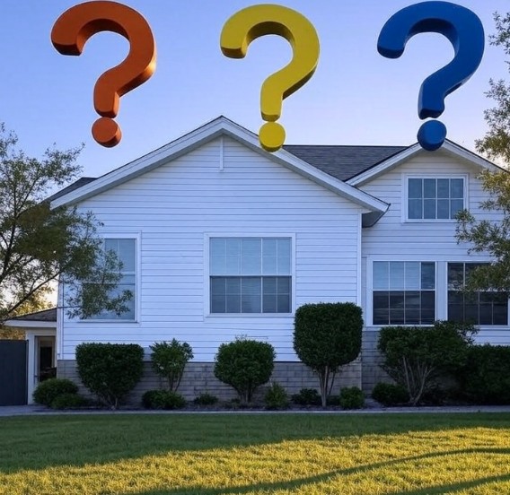 Suburban home with three colorful question marks floating above the roof, representing common myths about homeowners insurance.