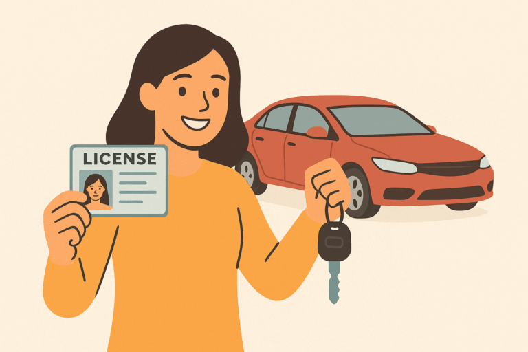 A smiling young driver holds up a new driver’s license in one hand and car keys in the other, with a red mid-2010s sedan in the background.