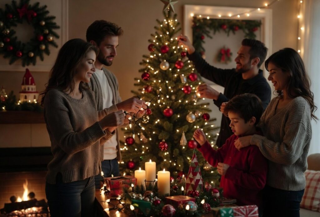 A happy family of four safely decorates a beautifully lit Christmas tree in a cozy living room. The tree is positioned away from the fireplace, battery-operated and real candles are placed securely, and all lights appear properly connected. Warm holiday lighting and stockings on the mantel create a festive atmosphere.