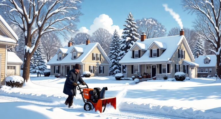 Cartoon illustration of a sunny winter day in a Central Pennsylvania suburban neighborhood after a heavy snowfall of about one foot. A person in a winter coat and hat uses a red snowblower to clear a driveway in front of a classic two-story home with snow-covered roof, surrounded by neighboring houses, bare trees, and bright blue sky.
