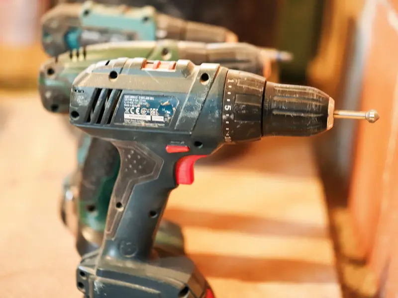 Cordless drills on a workbench
