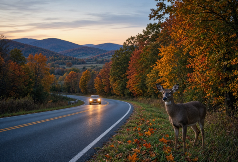 White-tailed deer standing on the shoulder of a rural Central Pennsylvania road at dusk during autumn deer season, with a car approaching in the distance and fall foliage along the roadway.