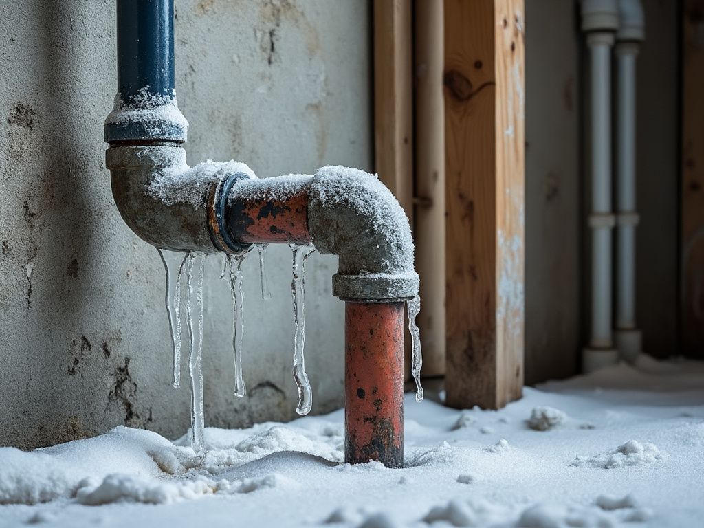 Frozen basement pipe with icicles and frost – a common winter risk for Central PA homes