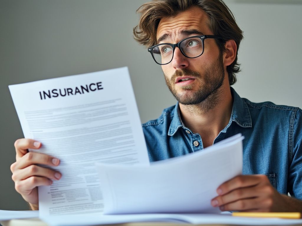 Man in glasses reading an insurance policy document with a puzzled look