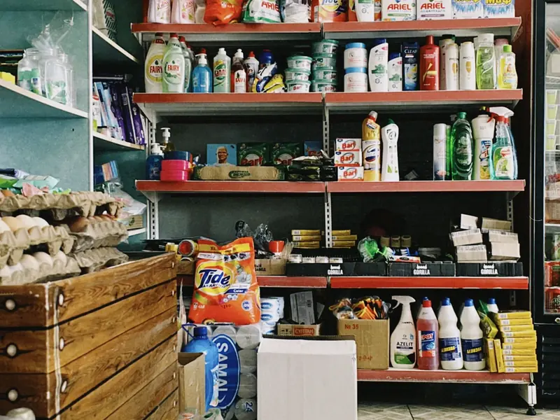Stocked shelves in a small shop